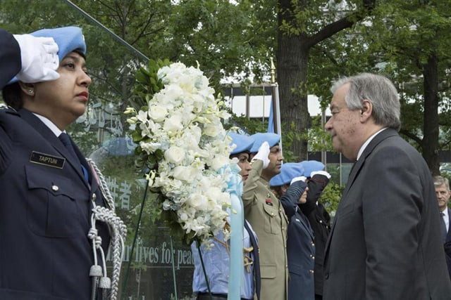 secretary general ant nio guterres right lays a wreath in honour of all peacekeepers who lost their lives while serving under the un flag photo un secretary general ant nio guterres right lays a wreath in honour of all peacekeepers who lost their lives while serving under the un flag photo un