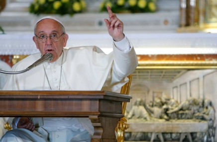 pope francis gestures during a meeting with youth at the santuario della madonna della guardia virgin mary of the guardia sanctuary as part of a one day visit in genoa on may 27 2017 photo afp