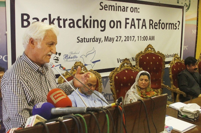 senator farahtullah babar addresses a seminar on fata reforms photo inp