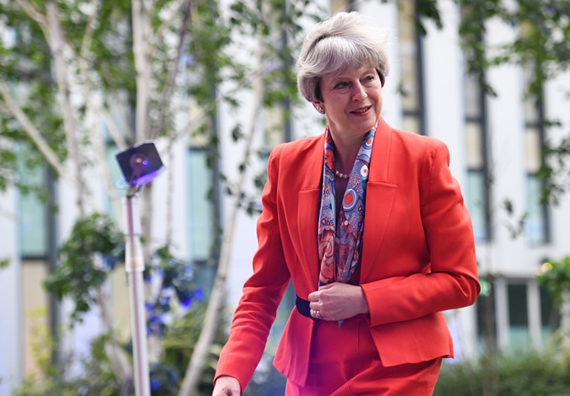 british prime minister theresa may arrives at sky studios in london for the quot may v corbyn live the battle for number 10 quot sky news and channel 4 event in london on may 29 2017 photo afp