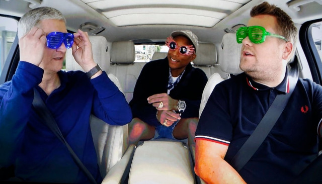 apple inc ceo tim cook is shown with tv personality james corden and musician pharrell during a taped comedy bit in this image shot from a projection screen during an apple media photo reuters apple inc ceo tim cook is shown with tv personality james corden and musician pharrell during a taped comedy bit in this image shot from a projection screen during an apple media photo reuters
