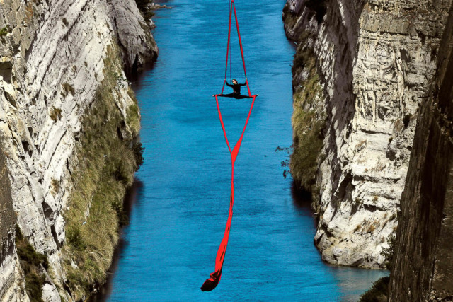 greek choreographer and dancer katerina soldatou performs above the corinth canal as part of the greece has soul project in corinth photo afp