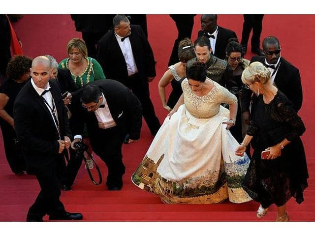 israeli culture minister miri regev wearing a dress featuring the jerusalem skyline at the cannes film festival on may 17 2017 photo afp israeli culture minister miri regev wearing a dress featuring the jerusalem skyline at the cannes film festival on may 17 2017 photo afp