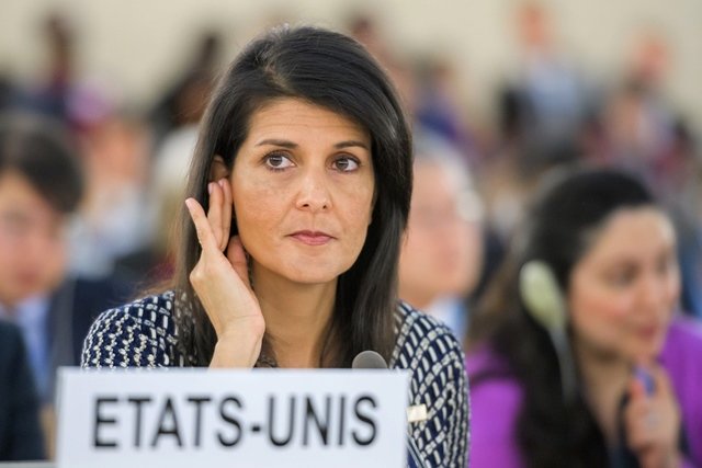 us ambassador to the united nations nikki haley gestures as she addresses a session of united nations human rights council on june 6 2017 in geneva photo afp