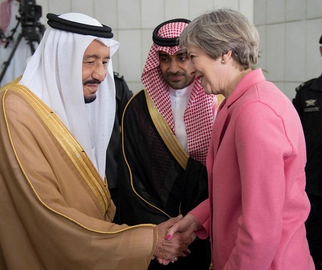 british prime minister theresa may shakes hands with king salman bin abdulaziz al saud during a visit to riyadh on 5 april 2017 photo reuters