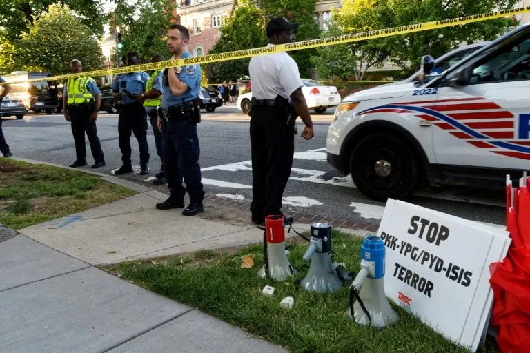 police secure the street outside the turkish embassy during a visit by turkish president recep tayyip erdogan on may 16 2017 in washington dc photo afp police secure the street outside the turkish embassy during a visit by turkish president recep tayyip erdogan on may 16 2017 in washington dc photo afp