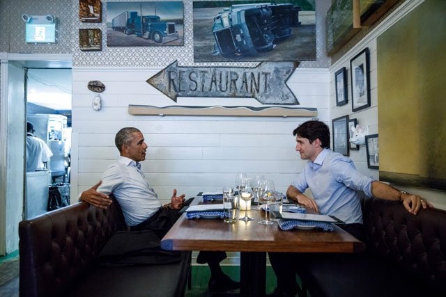 in this image courtesy of the prime minister s office canadian prime minister trudeau r meets with former us president barack obama at liverpool house in montreal for dinner on june 6 2017 photo afp