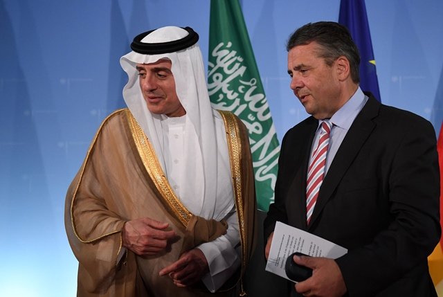 german vice chancellor and foreign minister sigmar gabriel r and his saudi arabian counterpart adel al jubeir talk after a joint press conference at the foreign ministry in berlin on june 7 2017 photo afp