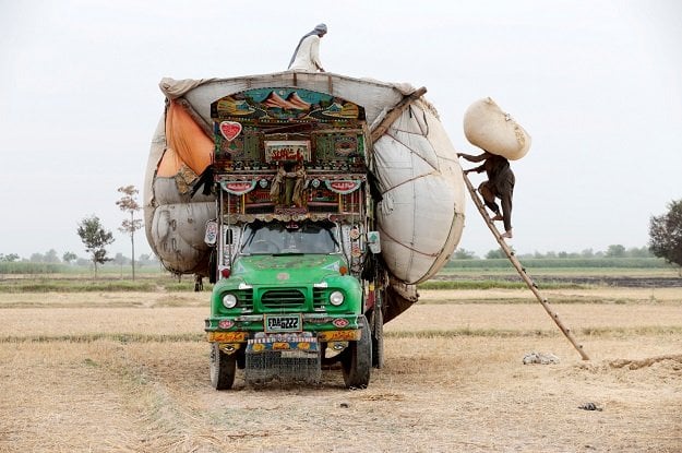 workers load straw onto a decorated truck outside faisalabad pakistan photo reuters