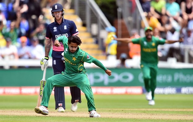 pakistan 039 s hasan ali celebrates taking the wicket of england 039 s eoin morgan for 33 runs during the icc champions trophy semi final cricket match between england and pakistan in cardiff on june 14 2017 photo afp