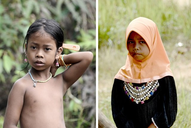 this combo photo taken on may 19 2017 shows a young girl l from the nomadic quot orang rimba quot tribe  whose name translates as quot jungle people quot and another girl r wearing the muslim headgear quot hijab quot after her family converted to islam in the batang hari district of jambi province indonesia is home to an estimated 70 million tribespeople out of a population of 255 million from the heavily tattooed dayaks of borneo island to the mentawai who are famed for sharpening their teeth as they believe it makes them more beautiful photo afp