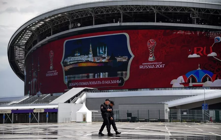 russian policemen patrol outside the kazan arena stadium in kazan russia on june 16 2017 ahead of the russia 2017 confederation cup football tournament photo afp russian policemen patrol outside the kazan arena stadium in kazan russia on june 16 2017 ahead of the russia 2017 confederation cup football tournament photo afp