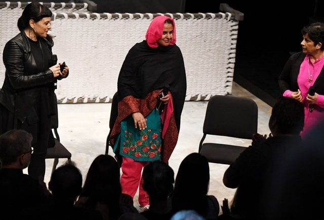 pakistani human rights activist mukhtar mai c receives a standing ovation as she takes the stage following a performance of the opera thumbprint at the roy and edna disney calarts theater in los angeles california june 16 2017 photo afp pakistani human rights activist mukhtar mai c receives a standing ovation as she takes the stage following a performance of the opera thumbprint at the roy and edna disney calarts theater in los angeles california june 16 2017 photo afp