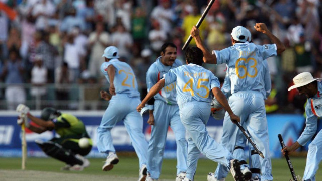 delight and despair misbahul haq is distraught in the background as indian players celebrate after claiming a thrilling victory in the inaugural world t20 final photo afp delight and despair misbahul haq is distraught in the background as indian players celebrate after claiming a thrilling victory in the inaugural world t20 final photo afp