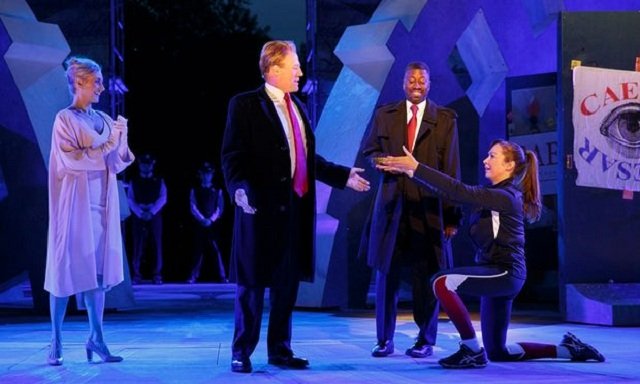 gregg henry centre portrays trump in the role of julius caesar a characterisation that has drawn criticism from right wingers photo ap