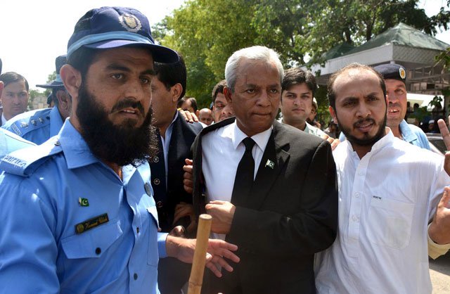 former pakistan muslim league nawaz leader nehal hashmi outside supreme court islamabad photo inp file