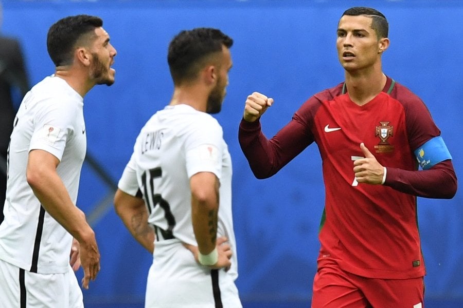 portugal 039 s forward cristiano ronaldo celebrates after scoring a penalty during the 2017 confederations cup group a football match between new zealand and portugal at the saint petersburg stadium in saint petersburg on june 24 2017 photo afp