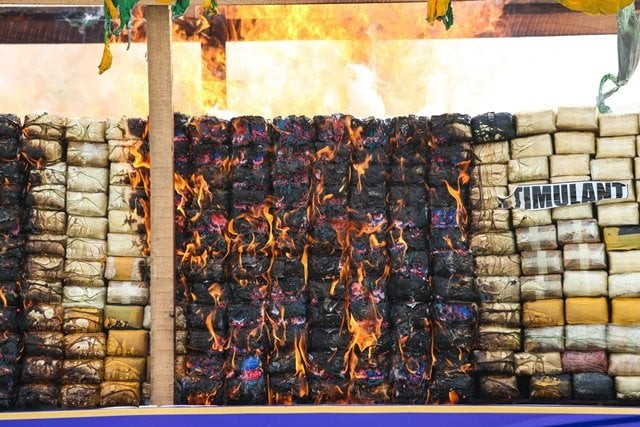 confiscated drugs are burnt during a ceremony by myanmar police to commemorate world anti drugs day on the outskirts of yangon on june 26 2017 photo afp confiscated drugs are burnt during a ceremony by myanmar police to commemorate world anti drugs day on the outskirts of yangon on june 26 2017 photo afp