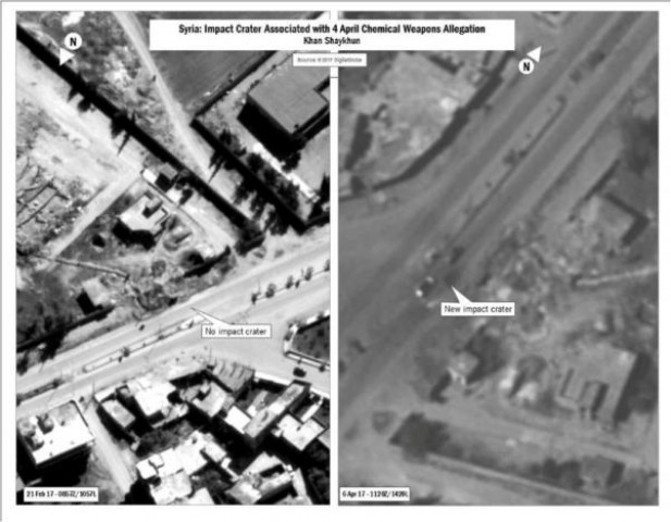 a combination image released by the u s department of defense which they say shows the impact crater associated with april 4 2017 chemical weapons allegation released after u s cruise missile strike against syria on april 7 2017 photo reuters a combination image released by the u s department of defense which they say shows the impact crater associated with april 4 2017 chemical weapons allegation released after u s cruise missile strike against syria on april 7 2017 photo reuters