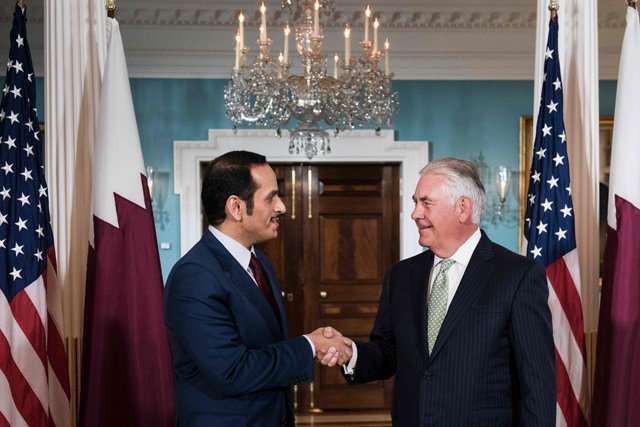 qatar 039 s foreign minister mohammed bin abdulrahman al thani l and us secretary of state rex tillerson shake hands before a meeting at the us state department on june 27 2017 in washington dc photo afp