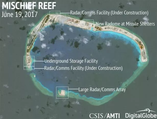 construction is shown on mischief reef in the spratly islands the disputed south china sea in this june 19 2017 satellite image released by csis asia maritime transparency initiative at the center for strategic and international studies csis to reuters on june 29 2017 photo reuters construction is shown on mischief reef in the spratly islands the disputed south china sea in this june 19 2017 satellite image released by csis asia maritime transparency initiative at the center for strategic and international studies csis to reuters on june 29 2017 photo reuters