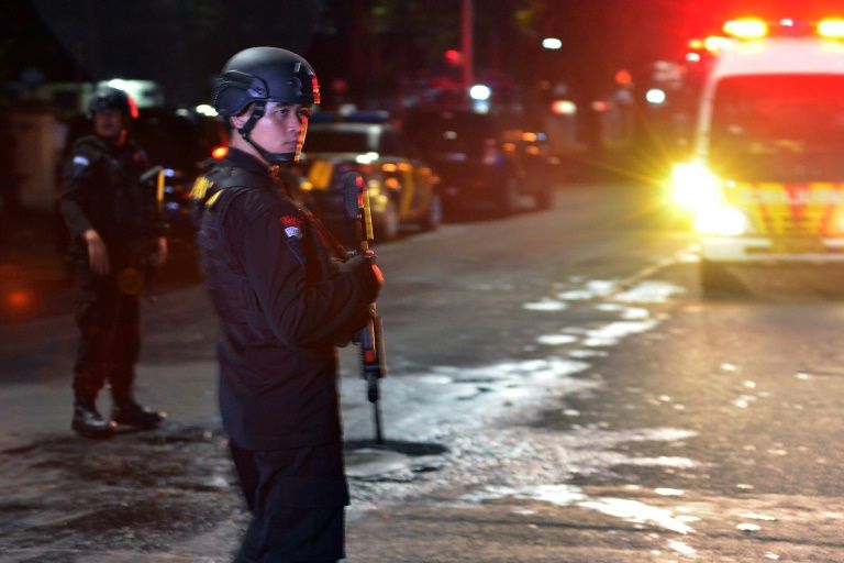 indonesian police step up security after an attack by a suspected islamist militant who stabbed two indonesian police officers after prayers at a mosque near the national police headquarters in jakarta photo afp