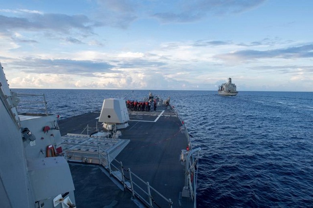 the arleigh burke class guided missile destroyer uss dewey prepares for a replenishment at sea in the south china sea may 19 2017 photo reuters