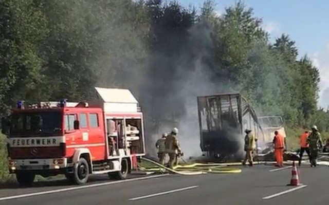 firefighters walk at the site where a coach burst into flames after colliding with a lorry on a motorway near muenchberg germany july 3 2017 photo reuters firefighters walk at the site where a coach burst into flames after colliding with a lorry on a motorway near muenchberg germany july 3 2017 photo reuters