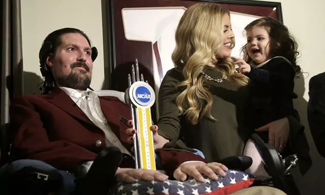 pete frates with his wife julie and two year old daughter lucy receives the 2017 ncaa inspiration award at their home in beverly massachusetts on 13 december 2016 photo ap pete frates with his wife julie and two year old daughter lucy receives the 2017 ncaa inspiration award at their home in beverly massachusetts on 13 december 2016 photo ap