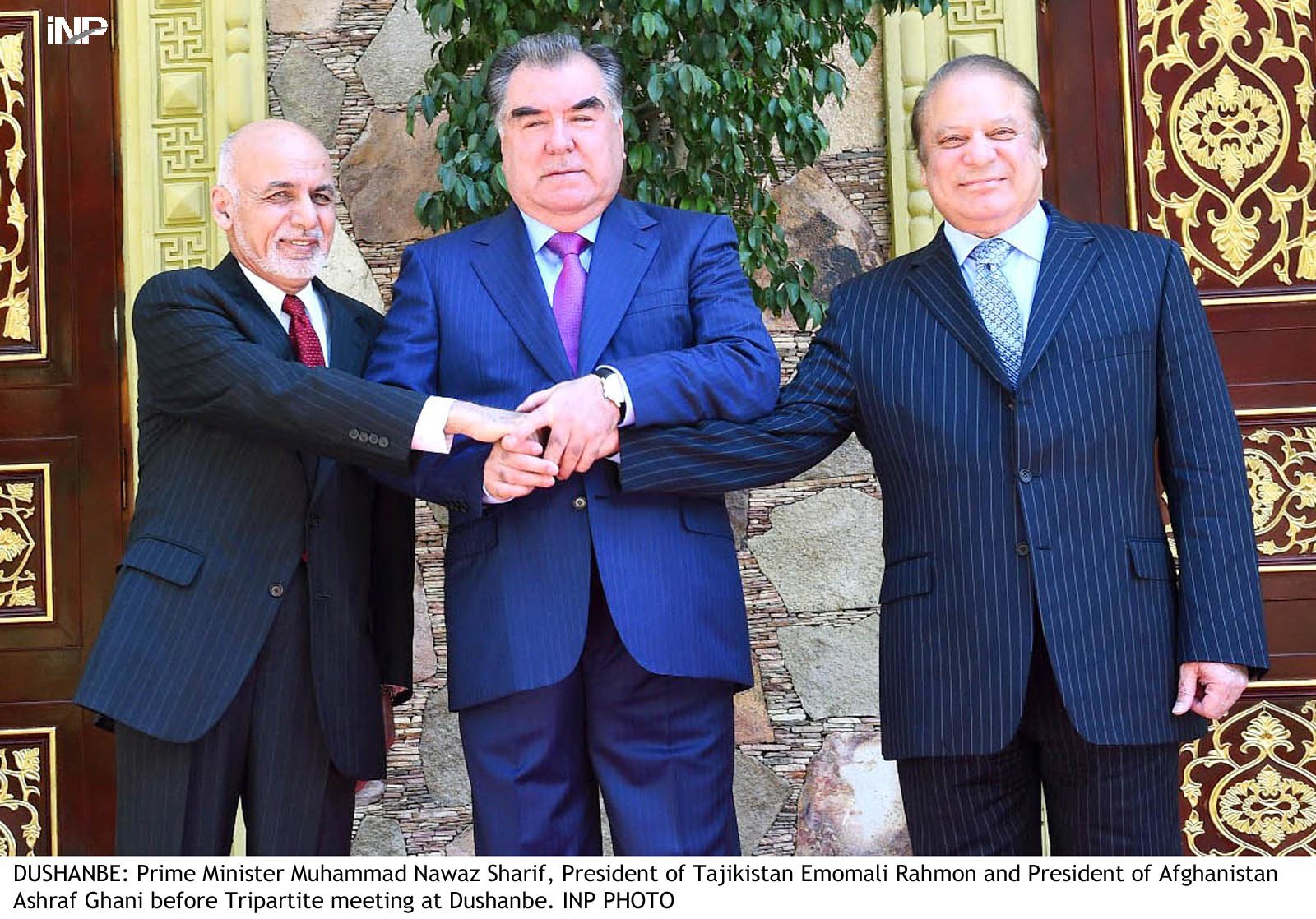 quadrilateral meeting prime minister nawaz sharif with tajikistan president emomali rahmon and afghan president ashraf ghani before the tripartite meeting in dushanbe photo inp