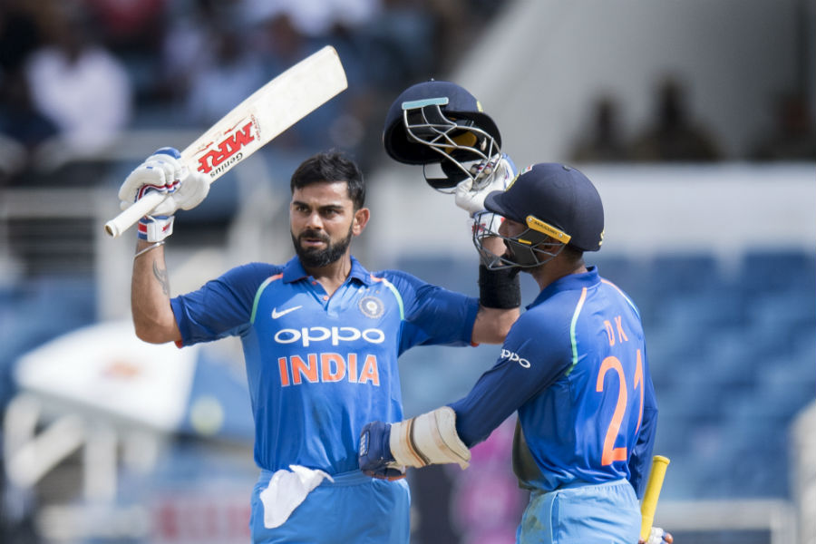 virat kohli lets out a roar after getting to his 28th odi ton west indies v india 5th odi kingston july 6 2017 photo afp