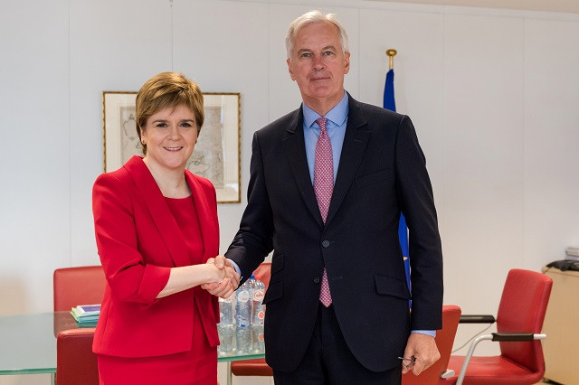 eu chief brexit negotiator michel barnier r shakes hands with scottish first minister nicola sturgeon for a meeting at the eu headquarters in brussels on july 13 2017 photo afp eu chief brexit negotiator michel barnier r shakes hands with scottish first minister nicola sturgeon for a meeting at the eu headquarters in brussels on july 13 2017 photo afp