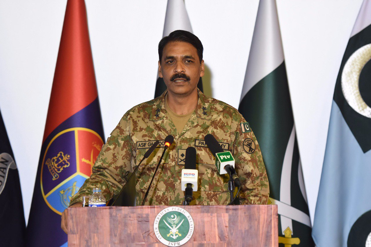 dg ispr maj gen asif ghafoor addresses a press conference in rawalpindi on sunday photo ispr