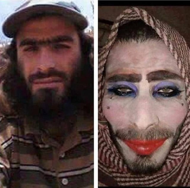 in photos released by the iraqi army after his capture the man can be seen to have slathered on powder eyeshadow and lipstick even adding some beauty spots photo mail online