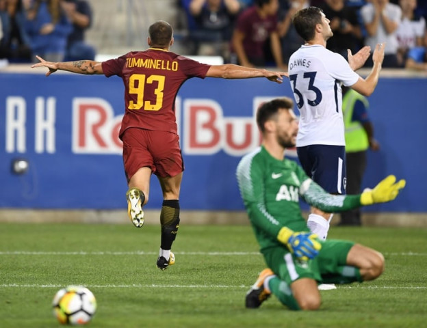 marco tumminello l of a s roma celebrates scoring as tottenham hotspur goalkeeper hugo lloris c reacts during their international champions cup icc football match on july 25 2017 at red bull arena in harrison new jersey photo afp marco tumminello l of a s roma celebrates scoring as tottenham hotspur goalkeeper hugo lloris c reacts during their international champions cup icc football match on july 25 2017 at red bull arena in harrison new jersey photo afp