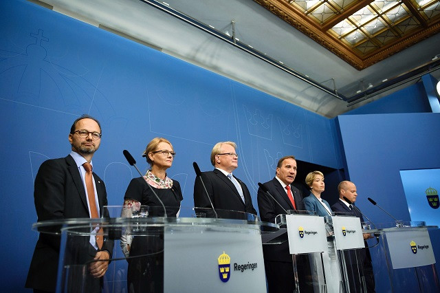 l r sweden 039 s minister for infrastructure tomas eneroth minister for migration helene fritzon minister of defence peter hultqvist prime minister stefan lofven minister for social security annika strandhall and minister for home affairs and justice morgan johansson attend a press conference at rosenbad the swedish government headquarters in stockholm on july 27 2017 two swedish ministers will leave the government in a reshuffle sparked by a huge leak of sensitive data prime minister stefan lofven said thursday photo afp l r sweden 039 s minister for infrastructure tomas eneroth minister for migration helene fritzon minister of defence peter hultqvist prime minister stefan lofven minister for social security annika strandhall and minister for home affairs and justice morgan johansson attend a press conference at rosenbad the swedish government headquarters in stockholm on july 27 2017 two swedish ministers will leave the government in a reshuffle sparked by a huge leak of sensitive data prime minister stefan lofven said thursday photo afp