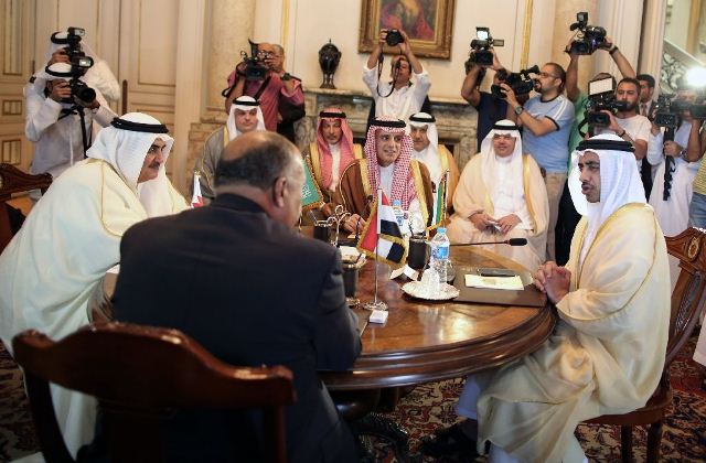 the foreign ministers of bahrain egypt saudi arabia and the united arab emirates meet in cairo on july 5 2017 to discuss the diplomatic crisis with qatar photo afp