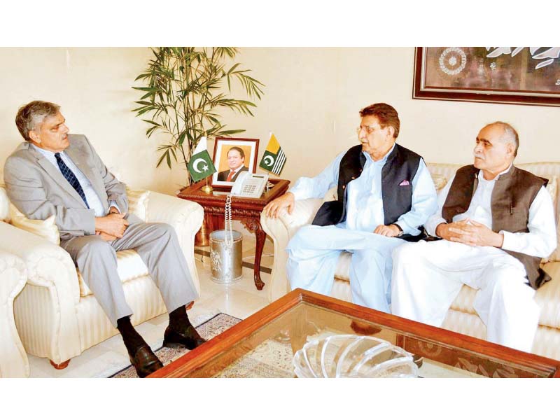 federal minister for kashmir affairs and g b ch muhammad barjees tahir meets ajk prime minister raja farooq haider photo app