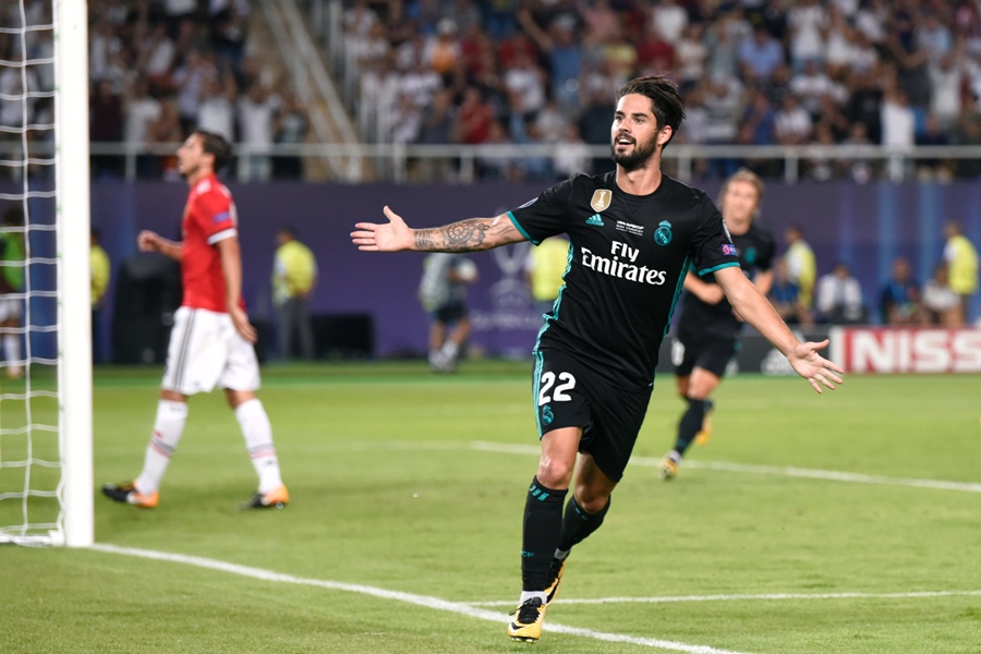 real madrid 039 s spanish midfielder isco celebrates after scoring a goal during the uefa super cup football match between real madrid and manchester united on august 8 2017 at the philip ii arena in skopje photo afp