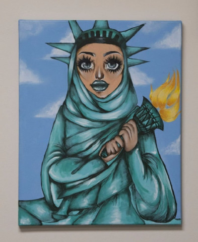 a student painting of the statue of liberty in a muslim hijab hanging in congressman lou correa 039 s santa ana office is being attacked as an unpatriotic violation of the separation of church and state by members of we the people rising a claremont based activist group that advocates stricter enforcement of illegal immigration laws in santa ana on thursday august 3 2017 photo by sam gangwer orange county register scng