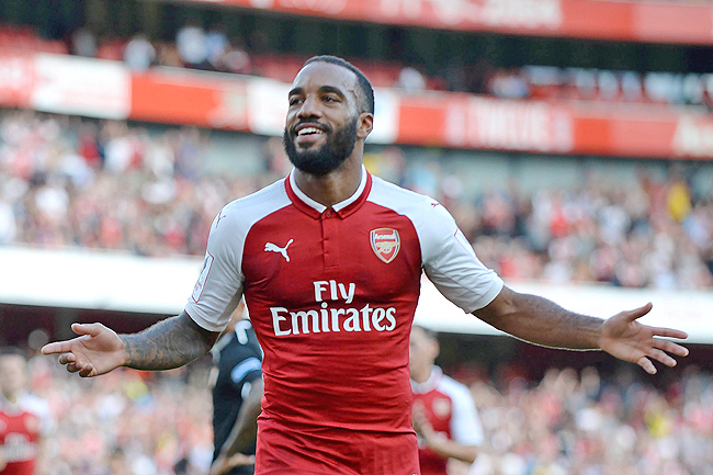 arsenal 039 s french striker alexandre lacazette celebrates scoring the team 039 s first goal during the pre season friendly football match photo afp