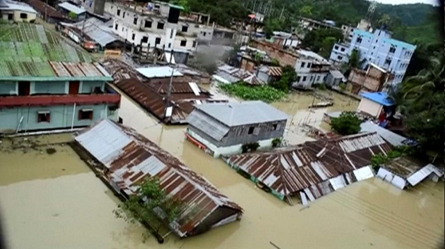 an aerial view showing the town half submerged in floodwaters following landslides triggered by heavy rain in khagrachari bangladesh in this still frame taken from video june 13 2017 photo reuters