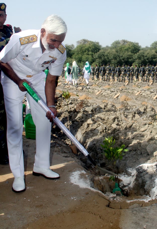 chief of the naval staff admiral muhammad zakaullah plants mangrove saplings on the independence day photo courtesy pakistan navy