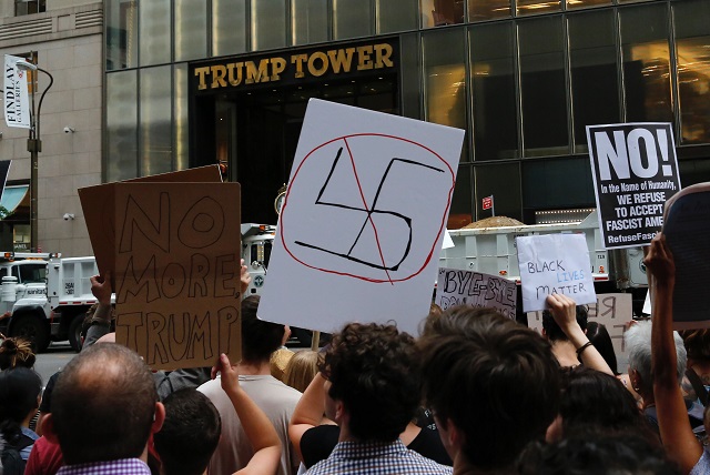 protesters gather near trump tower against us president donald trump august 14 2017 in new york while on his first trip back to trump tower since his inauguration marchers came together to protest against white supremacy and hatred and against trump 039 s to meet ongoing threats from north korea with quot fire and fury quot photo afp