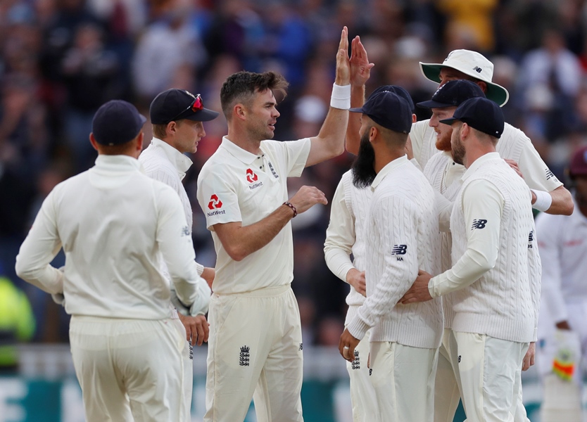 england 039 s james anderson celebrates the wicket of west indies 039 kraigg brathwaite with team mates photo reuters