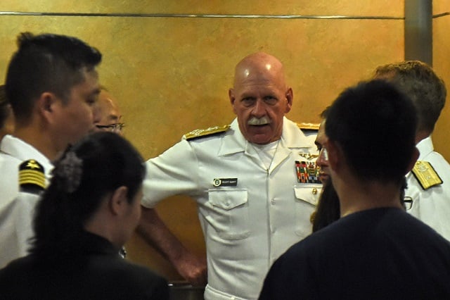 admiral scott swift c commander of the us pacific fleet arrives at the singapore general hospital on august 22 2017 to visit four injured us sailors from the guided missile destroyer uss john s mccain ddg 56 following a collision august 21 off the coast of singapore the us navy announced a fleet wide global investigation on august 22 after the latest in a series of accidents left another 10 sailors missing and five more injured photo afp