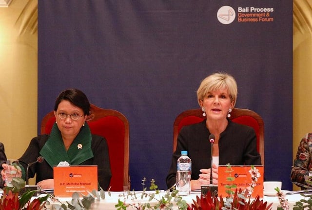 australian minister for foreign affairs julie bishop speaks as she sits next to indonesia 039 s foreign minister retno marsudi during the bali process government and business forum held in perth australia august 25 2017 photo reuters