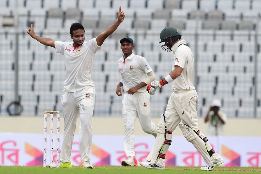 best in the world shakibal hasan justify his status as he world 039 s top  ranked all rounder in the longest format of the game by claiming figures of 5 68 to dismiss australia for 217 in first innings photo afp