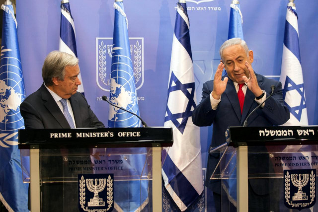 israeli prime minister benjamin netanyahu right gestures as he delivers a joint statement with un secretary general antonio guterres in jerusalem photo reuters israeli prime minister benjamin netanyahu right gestures as he delivers a joint statement with un secretary general antonio guterres in jerusalem photo reuters