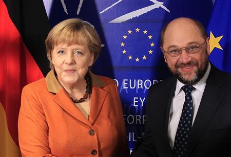 germany 039 s chancellor angela merkel l is welcomed by martin schulz in brussels november 7 2012 photo reuters